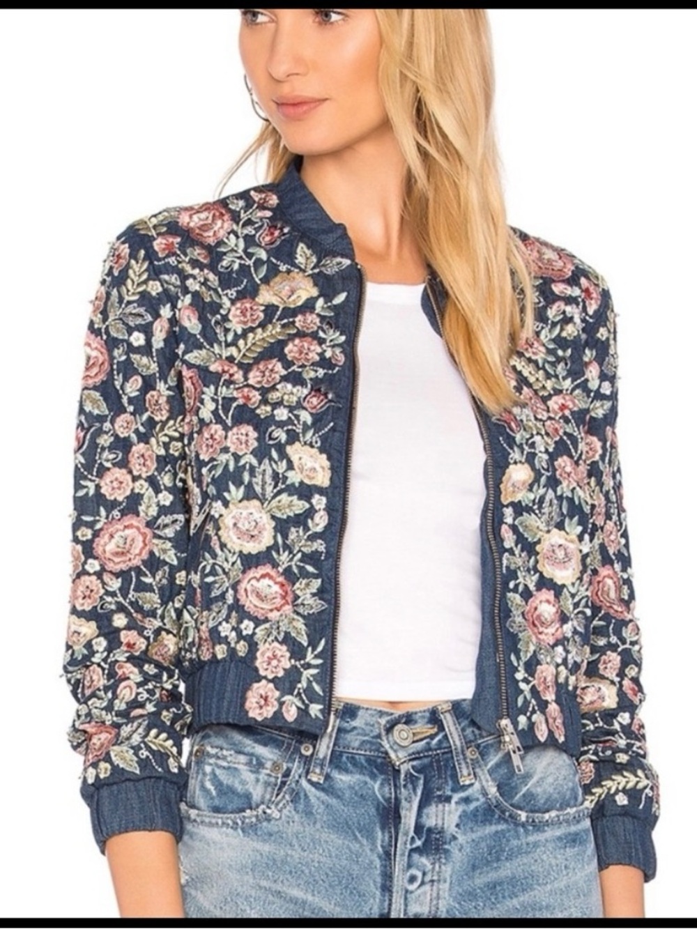 Needle & Thread Floral Sequin Embroidered Blue Bomber Jacket | Size 0